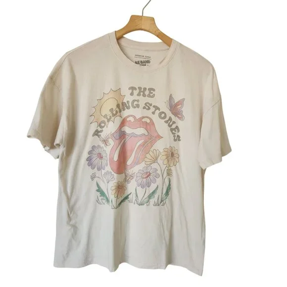 AE Band Tee American Eagle Rolling Stones Graphic Cream Floral Retro Casual Boho - Picture 2 of 8